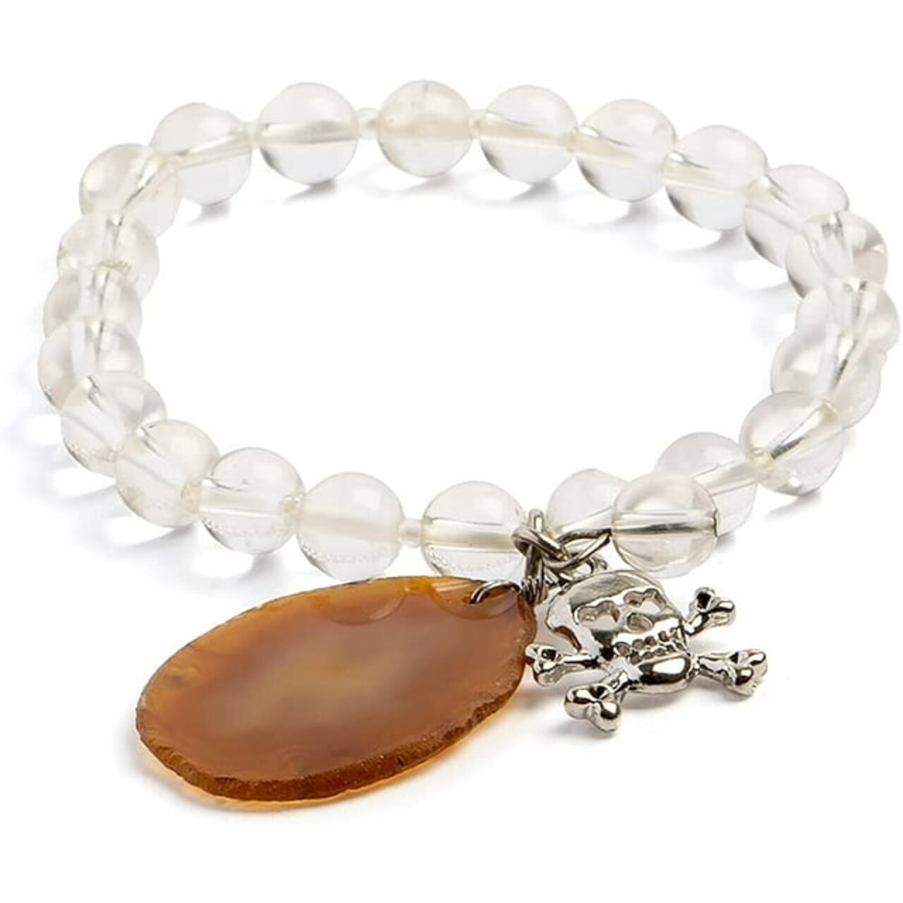 Earth's Jewels Semi-Precious Natural Crystal Quartz Clear Bracelet, Brown Agate & Skull Charm